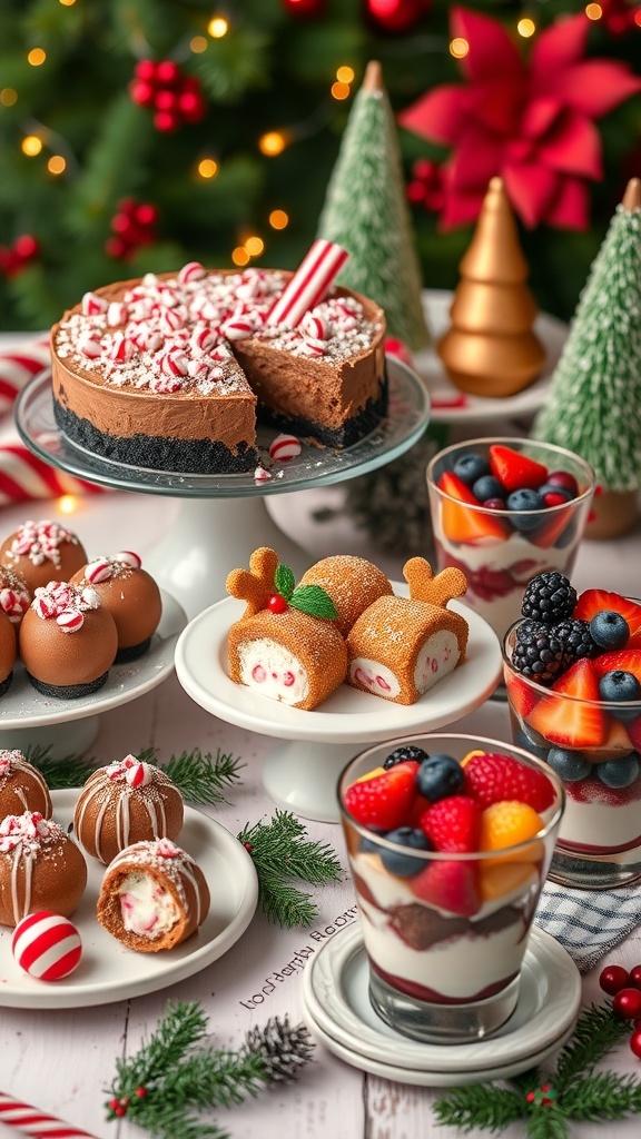 A variety of no-bake Christmas desserts including cheesecake, truffles, and fruit parfaits on a holiday table.